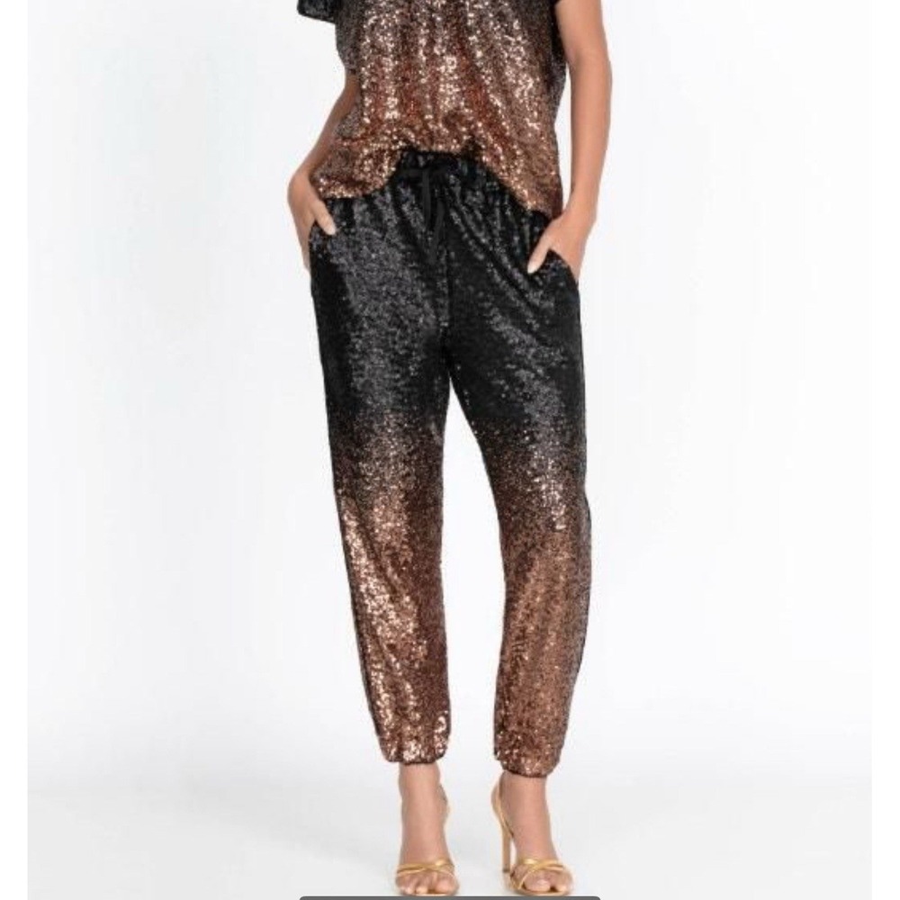 Johnny Was XS‎ NWT Sequined Jett Ombré Joggers Bronze Black Elastic Drawstring